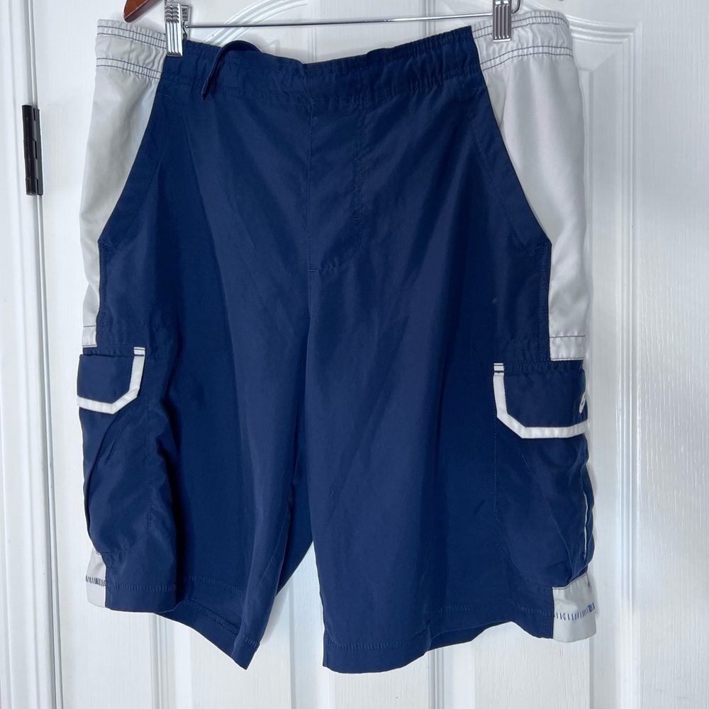 Men's Navy and White Cargo Swim Shorts - Medium - Baggy